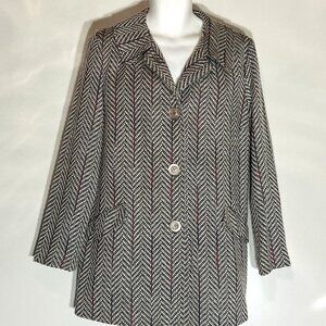 R-Q-T SZ L Gray Herringbone Tweed Wool Blend Coat Preppy Classic Essential